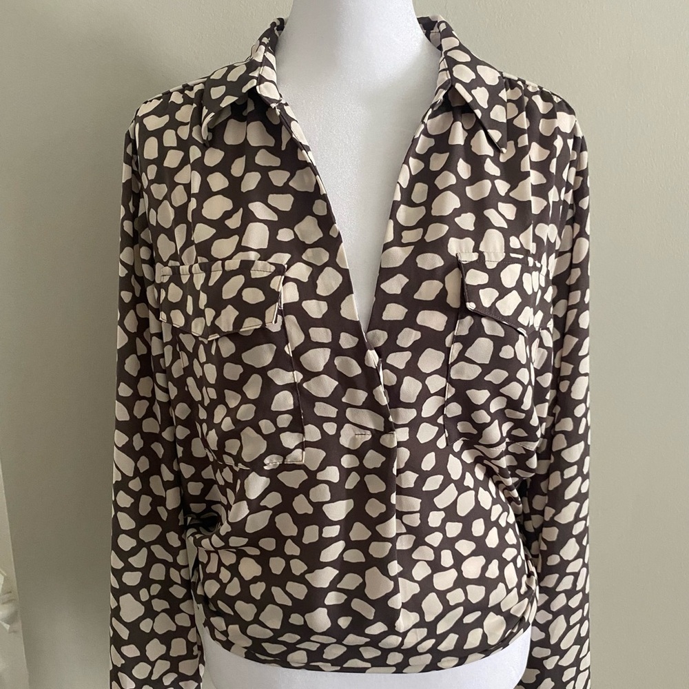 Ann Taylor LOFT Stylish Long Sleeve Brown and Cream Women's Blouse Size L - Picture 4 of 11
